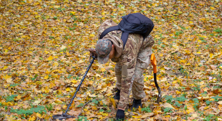 Man with a metal detecting device searches in the autumn