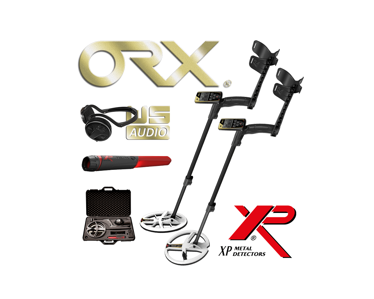 XP Orx Metal detector with a selection of coils and accessories.